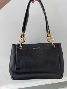 Michael Kors Black Pebbled Leather Shoulder Bag with Gold Hardware